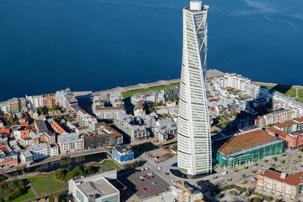 Copenhagen to Malmö train twisting torso skyscrapper