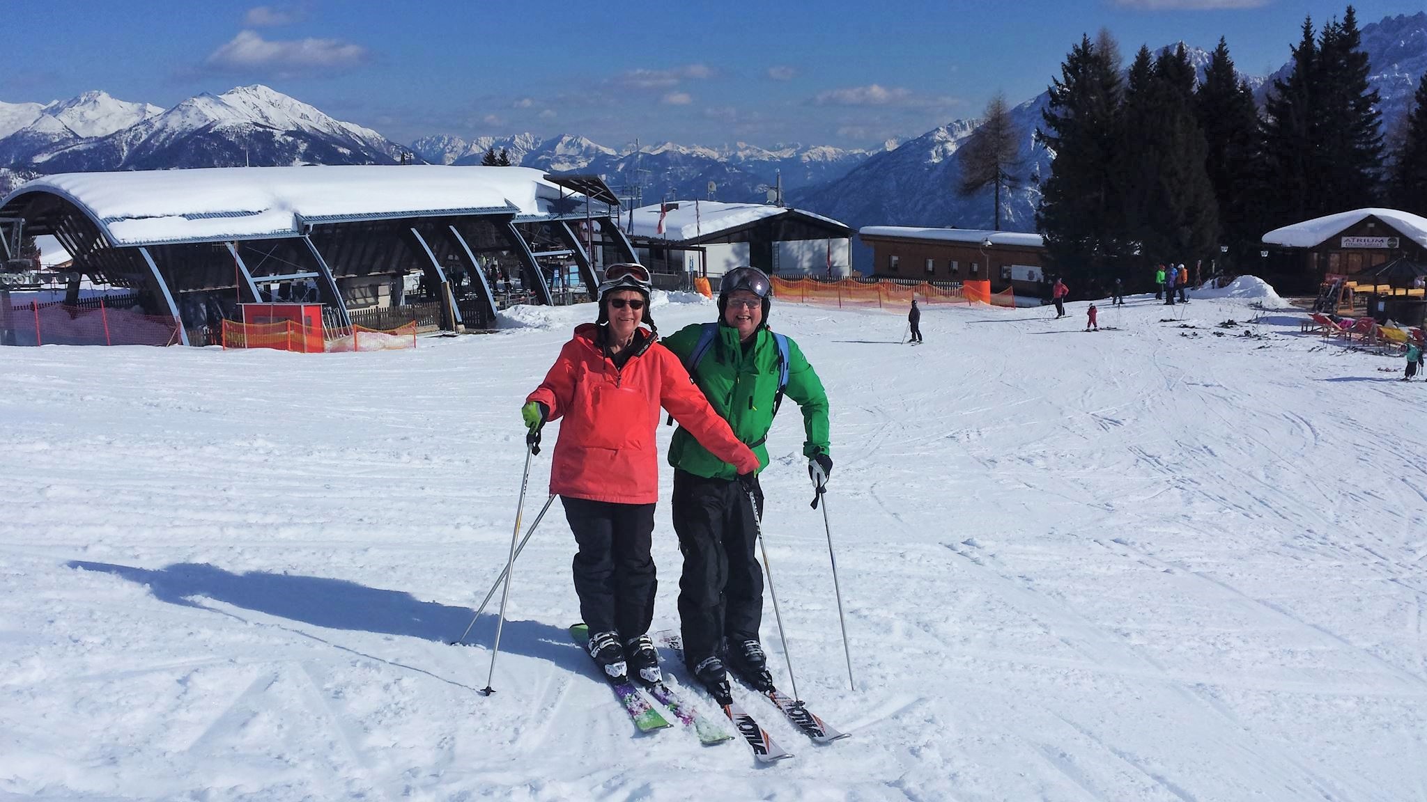 snow countryside downhill skiing woman man couple