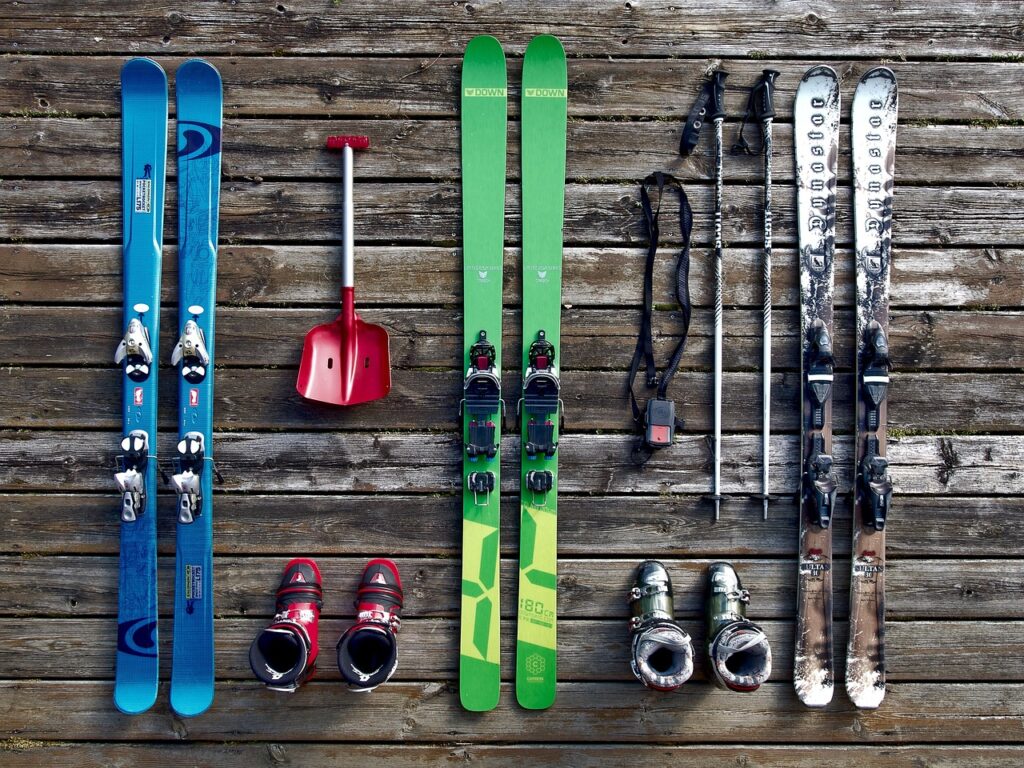 Ski Gear skis boots shovel poles headlamp light